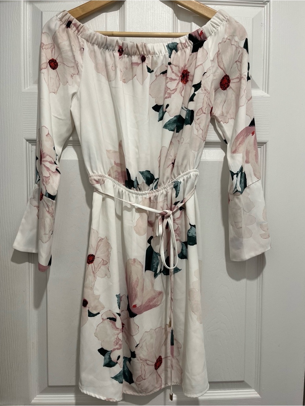 Dynamite Floral Off-Shoulder White Dress with Tie Waist